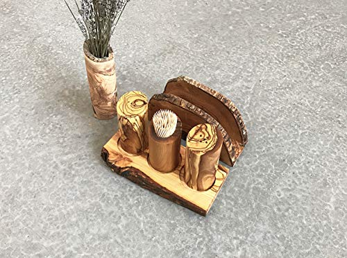 Juego de comedor de madera de olivo salero y pimentón, servilletero, juego de comedor hecho a mano, soporte para servilleta de sal, pimentón, salero hecho a mano