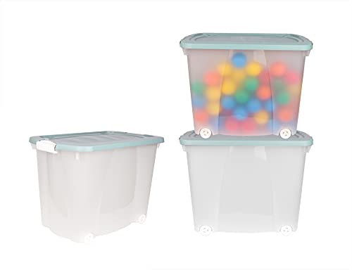 BigDean 3er Set XXL Aufbewahrungsbox mit Deckel & Rollen - 100% recyceltes Plastik - Made in Germany - 60x38x43 cm - pastellgrün - mobile Rollenbox - 60 Liter