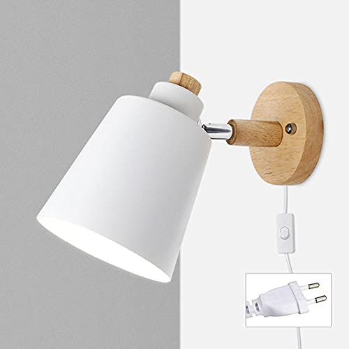 Wandstrahler Mit Kabel Für Steckdose Wandlampe E27 Holz Wandleuchte Mit Schalter LED Deko Wandbeleuchtung Für Schlafzimmer Treppenhaus Hotel Loft -Weiß