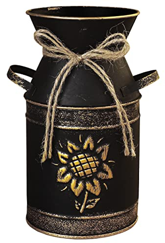 Fovasen Shabby Chic Vase Rustic Galvanized Metal Milk Can Golden Sunflower Embossed Decorative Design - Black 7.6 H
