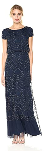 Adrianna Papell Women's Short Sleeve Blouson Beaded Gown Formal Night Out Dress, Navy, 4