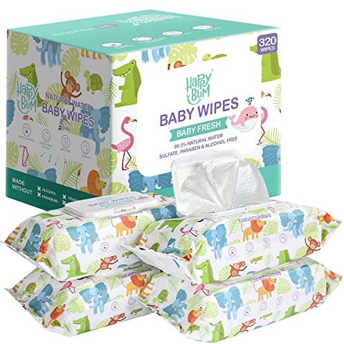 HAPPY BUM Sensitive Water Lot de 4 paquets de lingettes pour couches pour bébé, hypoallergéniques, non parfumées, 4 paquets de lingettes à rabat (320 lingettes au total)