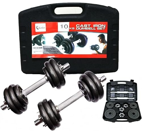 Kemket Cast Iron Dumbbell Set – 10kg Adjustable Weight Set with Spinlock Collars & Carry Case – Anti-Slip Hand Dumbells for Home Fitness, Core Strength & Weight Training