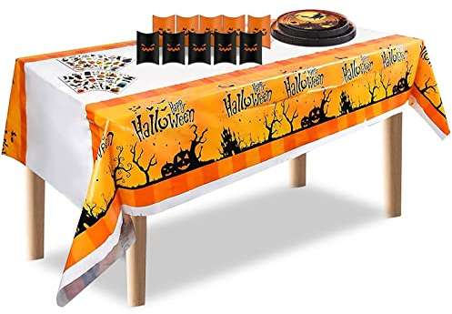 Leeelyan Halloween Geschirr Set, 10 Sätze Partygeschirr Set mit Pappteller Tischdecke Bonbonbox Kürbis Tattoo Sticker Hängendes Banner Geeignet für Halloween Grusel Party Deko