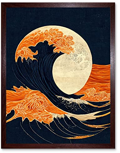 Wee Blue Coo The Great Wave at Full Moon Modern Japanese Seascape Woodblock Art Print Framed Poster Wall Decor 12x16 inch