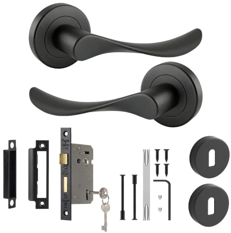 Decoranddecor Matt Black Door Handles Internal Sash Lock Set | CE marked, two keys and key covers, solid aluminium, built to last Internal Door Handles, fits 35-42 mm doors, Nimbus Range