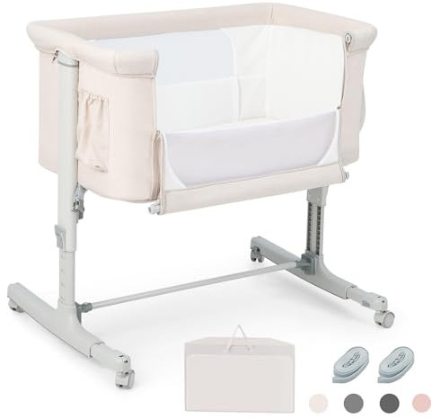 RELAX4LIFE 3 in 1 Culla Neonato Fianco Letto, Culla da Campeggio con Materasso e Cinghia Fissaggio, Regolabile In Altezza 5 Posizioni, Borsa per il Trasporto, per Bambini 0-6 Mesi Fino a 9kg (Beige)