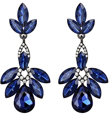Clearine Kronleuchter Strass Träne Maruqise Schnitt Art Deco Anhange Ohrringe für Damen Prom Party Saphir Blau Schwarz Ton