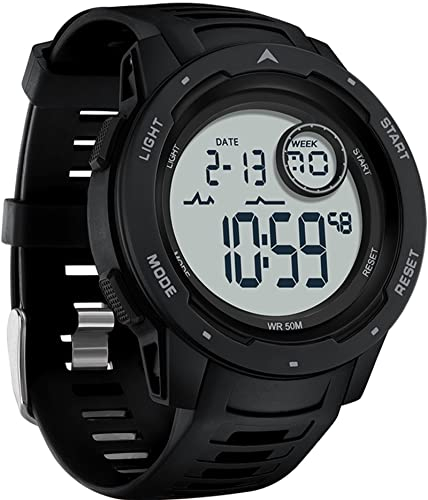 findtime Schwarz Digital Herren Damen Uhren 5 ATM Wasserdicht Sport Outdoor Armbanduhr mit 12/24H/Alarm/Kalender/Stoßfest/Stoppuhr Militär Tactical Uhr für Männer Jungen