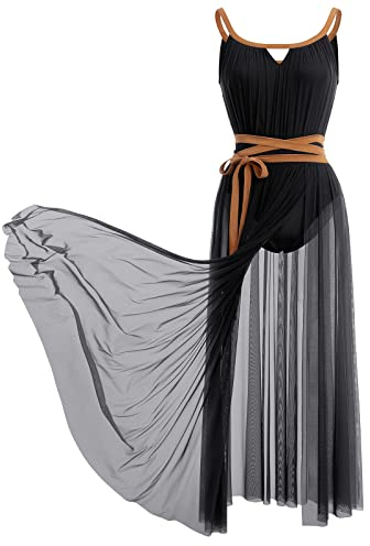 Damen Lyrisch Tanzkleid Ballettkleid Ärmellos Spaghetti Träger Maxikleid Tüll Langes Trikotkleid Modern Contemporary Tanzkostüme Latein Rumba Tango Ballsaal Turnanzug Bühnenanzug Kostüm Schwarz L