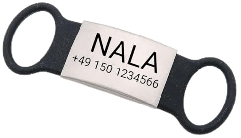 Hundemarke Slider für Halsband – Personalisiert mit Gravur aus Deutschland – Edelstahl & Silikon, leicht & leise – Name & Telefonnummer gratis graviert Schwarz/L
