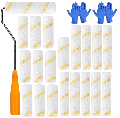 RYAN 20 Stücke Farbroller Klein Wandfarbe Malerrolle Klein mit 4 Handschuhe und 1 30cm langer Rollgriff Farbwalzen Set für Architektonische Wanddekoration und Malbedarf (10 cm und 15 cm)