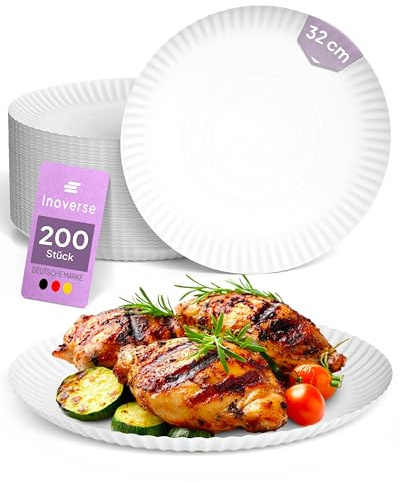 Inoverse Pappteller groß 32 cm Rund, 200 Stück, Einwegteller | Weiß Umweltfreundlich, Tortenteller, Pizzateller, Einweggeschirr, für Kuchen, Waffeln und Snacks, für Feiern, Vereine, Buffet