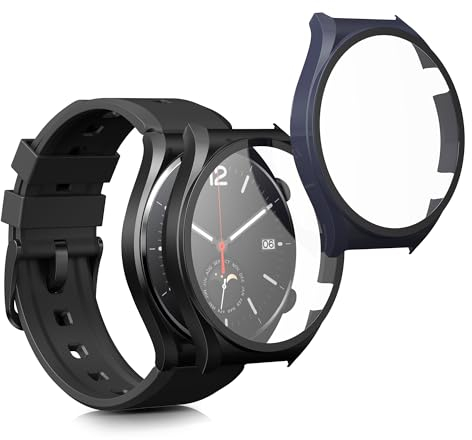 kwmobile Carcasa Compatible con Xiaomi Watch S1 Funda - 2X Protector Pantalla Completo de Cristal Templado - Ultrafino y antigolpes - Negro/Azul Oscuro