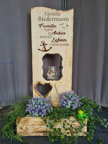 Designbysh Holzaufsteller, Holz Deko Schild Holzschild Eingangsschild mit Leuchtglas oder Solarlampe, Familie ist der Anker, wenn das Leben stürmisch wird