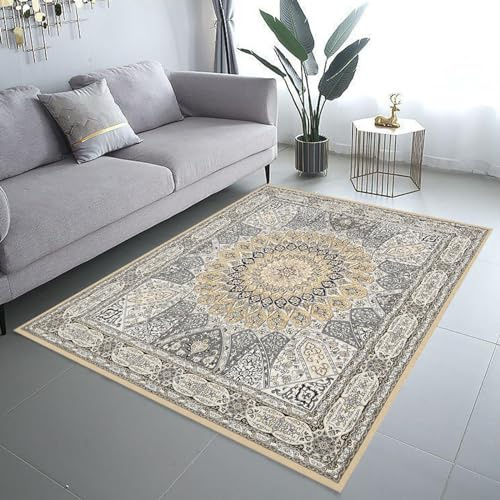 ARUGYTEI Teppich Quadratisch,Traditionelles orientalisches Blumenmuster, Grey Yellow,180 x 180 cm, Wohnzimmer Schlafzimmer Kinderzimmer