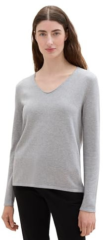 TOM TAILOR Damen Basic Strickpullover mit V-Ausschnitt, 21373 - Medium Silver Grey Melange, XL
