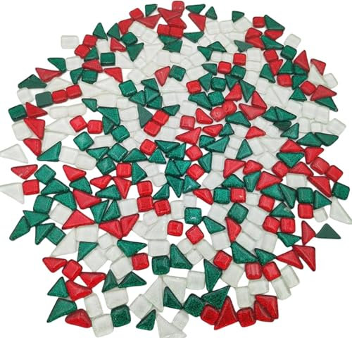 500 g zufällige unregelmäßige Glitzer-glänzende Glasmosaikfliesen zum Basteln, Großpackung, Glasmosaik-Stück-Set für Tassen, Bilderrahmen, Heimdekoration, DIY-Kunstprojekte (Mix Rot, Grün, Weiß)