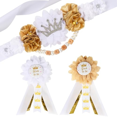 JOYMEMO Baby Shower Schärpe Kit für die Babyparty, Bauchgürtel und Anstecknadeln für werdende Mütter und werdende Mütter, Foto-Requisiten, Partyzubehör, Weiß und goldfarben