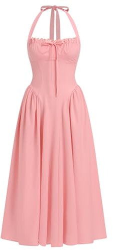 Odizli Robe d'été longue élégante pour femme - Dos nu - Dentelle florale - Corset trapèze, Rose, XL
