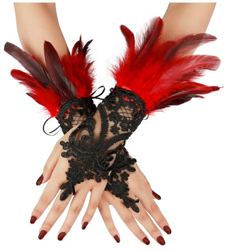 keland Feder Handschuhe Halloween Spitzenhandschuhe Federhandschuhe Maleficent Kostüm Damen (Rot)