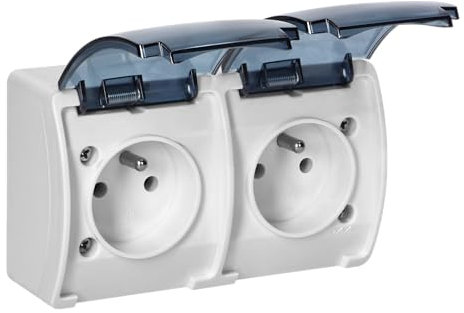 MIRATIC Double Prise Electrique 2x2P+T Prise Murale Double IP44 Prise Etanche Exterieur Version Francaise Couleurs au Choix Double Prise Exterieure Etanche (blanc fumé)