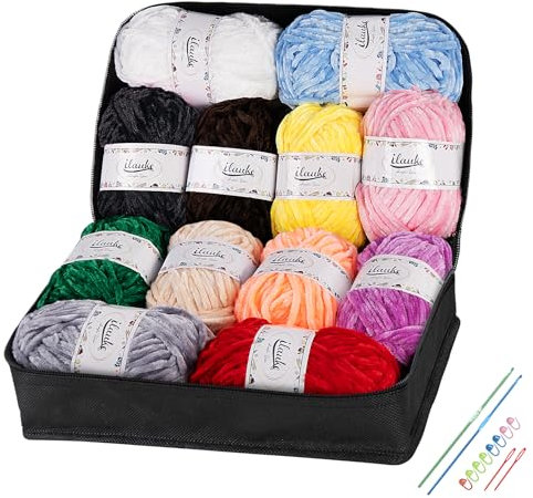 ilauke 12 x 50 g (12 x 70 m) Chenille Garn, Samt Garn zum Stricken und Häkeln mit Nadeln mit Häkelzubehör und Handtasche, Weiches Chenille-Garn für Kleidung, Decken, Taschen, Pullover, DIY