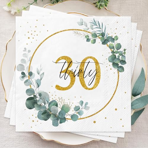 Wentsent Sage Green 30th Birthday Napkins for Women Men, Happy 30th Birthday Gold Napkins Eucalyptus Serviettes for Anniversary Cocktail Party Decoration