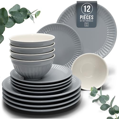 Service de vaisselle en grès pour 4 personnes HYGGE 12 pièces - Design scandinave élégant - Set de bols et assiettes - Service de table pour 4 en design strié - Pure Living bleu gris