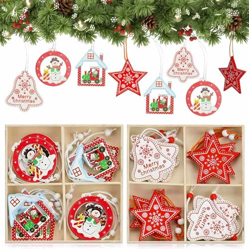 Decorazioni Albero di Natale Legno 24 Pezzi,4 Stili Addobbi Albero di Natale con Corda,Decorazioni Natale Albero Adatto DIY Artigianato Regali da Appendere Pendenti Set