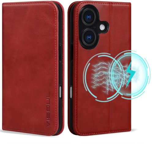 VISOUL Oil Waxed Genuine Leather Wallet Case Compatible with iPhone 16 6.1-inch 5G 2024 with Wireless Charging, 3 Card Slot, Kickstand, Magnetic Flip Cover, Shockproof TPU Shell-Red