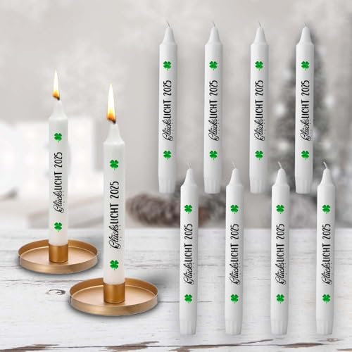 Silvester Kerzen Neujahr Kerze fertig bedruckt kein Kerzentattoo Wasserschiebefolie Kerzenhalter Kerzen für Kerzentattoos Stabkerzen deko (10 Stück, Glückslicht)