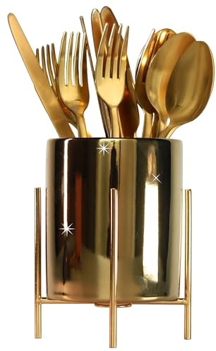 LOUIE SILNA Ceramic Cutlery Holder, Spoon Holder with Metal Frame, Gold Kitchen Utensil Holder, Suitable for Home, Kitchen Countertop, Party, Dinner and Restaurant