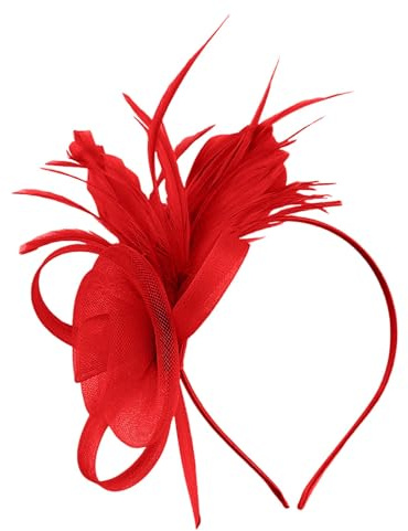 Fascinator Hut Damen Feder Mesh Kopfbedeckungs Hut Vintage Teeparty Haarschmuck Abend Partys Fascinator Haarclip Hut mit Schleier Kopfbedeckung Blumen Feder Kopfschmuck Hut für Tea (Red, One Size)