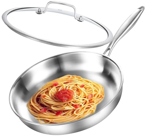 DELARLOCHEF Dreilagige Edelstahl Bratpfanne mit Deckel 26cm,Edelstahlpfanne Unbeschichtet,Induktions Pfanne,Hocheffiziente und Energieeffiziente Pfannen für Steak,Ei,10-Zoll