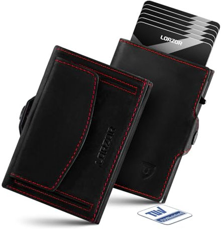 LORZOR Slim Wallet mit XXL-Münzfach für 10+ Münzen, Kartenetui Herren RFID Schutz, Echtleder Portmonee, Geldbörse Herren, Geldbeutel, Brieftasche, Smart Wallet, Kreditkartenetui für 10 Karten