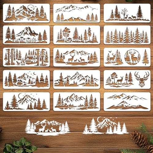INFUNLY 15 Stück Waldbergmalerei Schablone Für Wand 4.7×11.8 Wiederverwendbare Hirsch Wandschablonen Tannenbaum Malvorlagen Kleine Wände Schablonen Für Handwerke Zement Holzmöbel Schlafzimmer