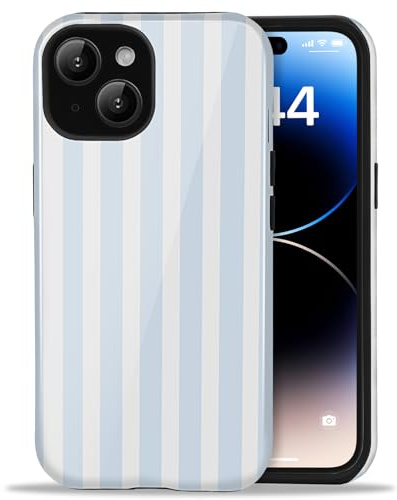 Amzfield Case for iPhone 14 Plus, Striped Dual Layer Shockproof Retro, Blue | Striped Lined Dual Layer Shockproof Retro Cute Girly for Girl Women Drop Protection Precise Cutouts Impact Resistant Artistic