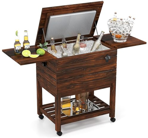 GOPLUS Nevera de 50 L Portatil con Ruedas, Mesa Nevera Jardin Exterior, Estante Inferior y Abrebotellas para Exteriores, Carro Enfriador Móvil para Jardin, Piscina y Barbacoa