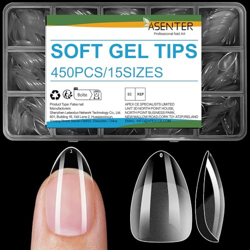 ASENTER Short Almond Nail Tips, 450Pcs Half Matte Soft Gel, Clear Full Cover Acrylic False Press on Nails for Gel Polish & Nail Extensions, Pre-shaped Fake Nails for Salon and Home DIY, 15 Sizes