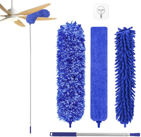 Fogray Extendable Feather Duster Kit with Telescopic Pole & Silicone Cap | 5Pcs Washable & Bendable Feather Duster Kit for Cleaning Cobwebs, High Ceiling Fans, Roof, Furniture & Cars, Blue