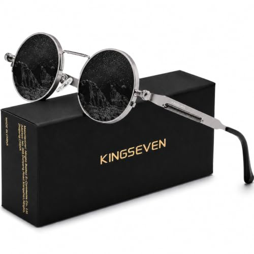 KINGSEVEN Runde Polarisierte Sonnenbrille Unisex, UV400, Metall, Grau | Aluminium-Magnesium-Rahmen, polarisierte Gläser, UV400-Schutz, Retro Steampunk Design, für Damen und Herren