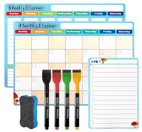 IONEKIUK Magnetic Whiteboard Planner Set 3 Pack Weekly Monthly Daily | 3 magnetic planner boards (monthly, weekly, daily), includes 4 markers & eraser, reusable, for fridge home office planning