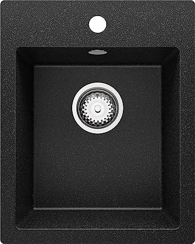 PRIMAGRAN Lavello da Cucina Grafite 38x50cm, Lavandino da Cucina a 1 vasca + Sifone Classico, Lavabo da Cucina Incasso al mobile 40cm - Riga