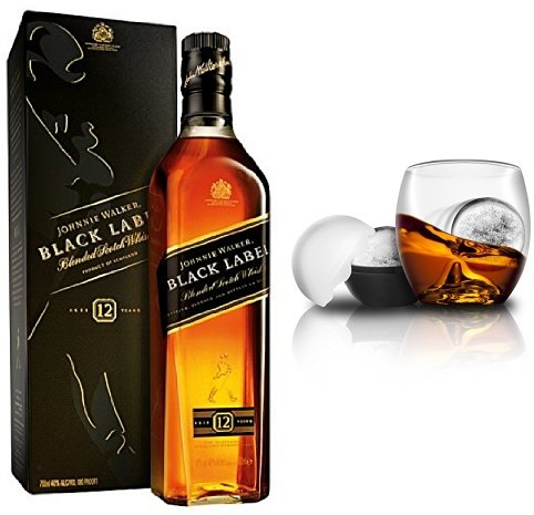 Johnnie Walker Black Label Blended Scotch Whisky and On the Rocks Tumbler & Ice Ball Mould
