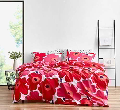 Marimekko - Queensize-Bettbezug-Set, Baumwoll-Bettwäsche mit passenden Kissenbezügen und Baumwollverschluss, Ganzjahres-Heimdekoration (Unikko Red, Queensize)