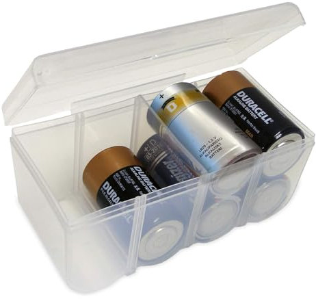 Home-X D Battery Storage Case - Clear, See-Through, Water Resistant D Battery Holder - Easy Access D Cell Battery Holder with Handle - Battery Organizer Storage Case Fits Up to 8 D Batteries