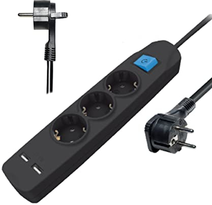 3-Fach Steckdosenleiste mit 2 USB-Ladebuchsen und Flacher Stecker, mit Schalter (Steckerleiste mit erhöhtem Berührungsschutz) 3m schwarz