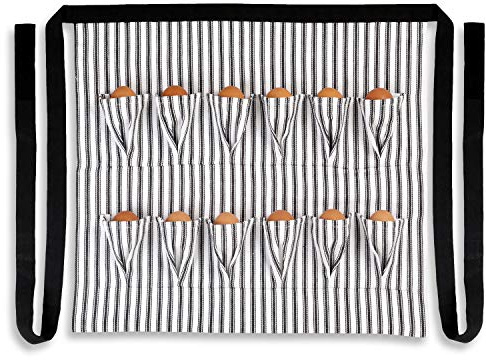 Cackleberry Home Egg Collecting & Gathering Apron 12 Pockets, Black and White Ticking Stripe