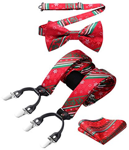 HISDERN Weihnachts Hosenträger Herren Extra Stark Breit 3,5cm mit 4 Metall Clips Y Form Einstellbar und Elastisch Hosenträger Fliege Set für Männer